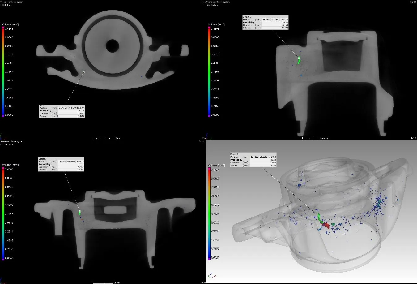 CT slices and a 3D rendering of a cast housing with porosity marked in colour