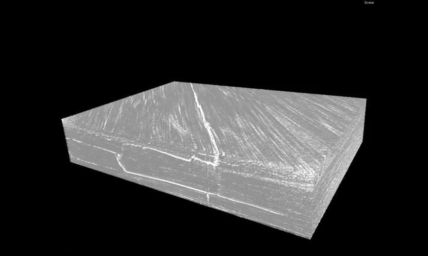 CT volume rendering of a layered composite panel with a visible internal separation
