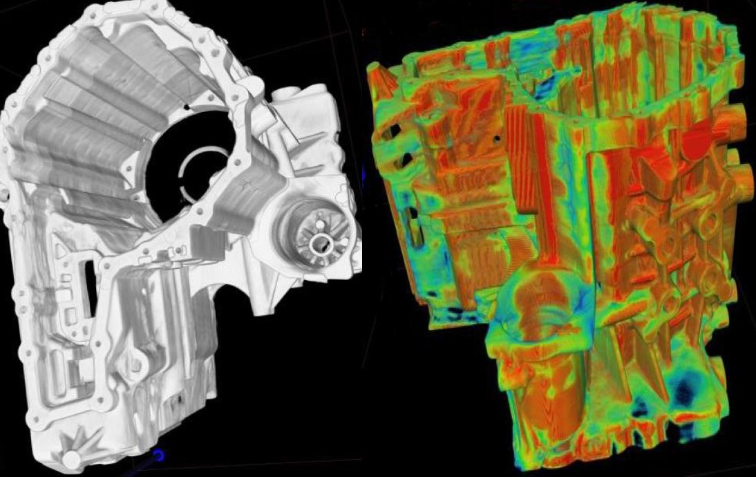 CT volume of a cast housing, in grey and with colour-coded wall thickness