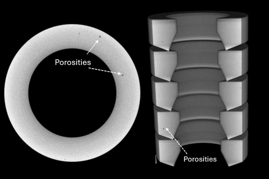 CT image showing porosity in a graphite ring and in stacked graphite parts
