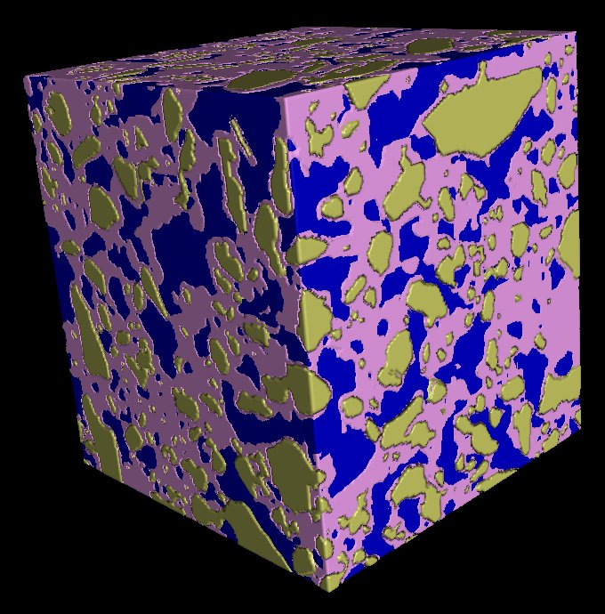 CT volume of a material sample with its phases segmented in colour