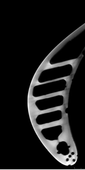 CT slice of a turbine blade with inner cooling channels